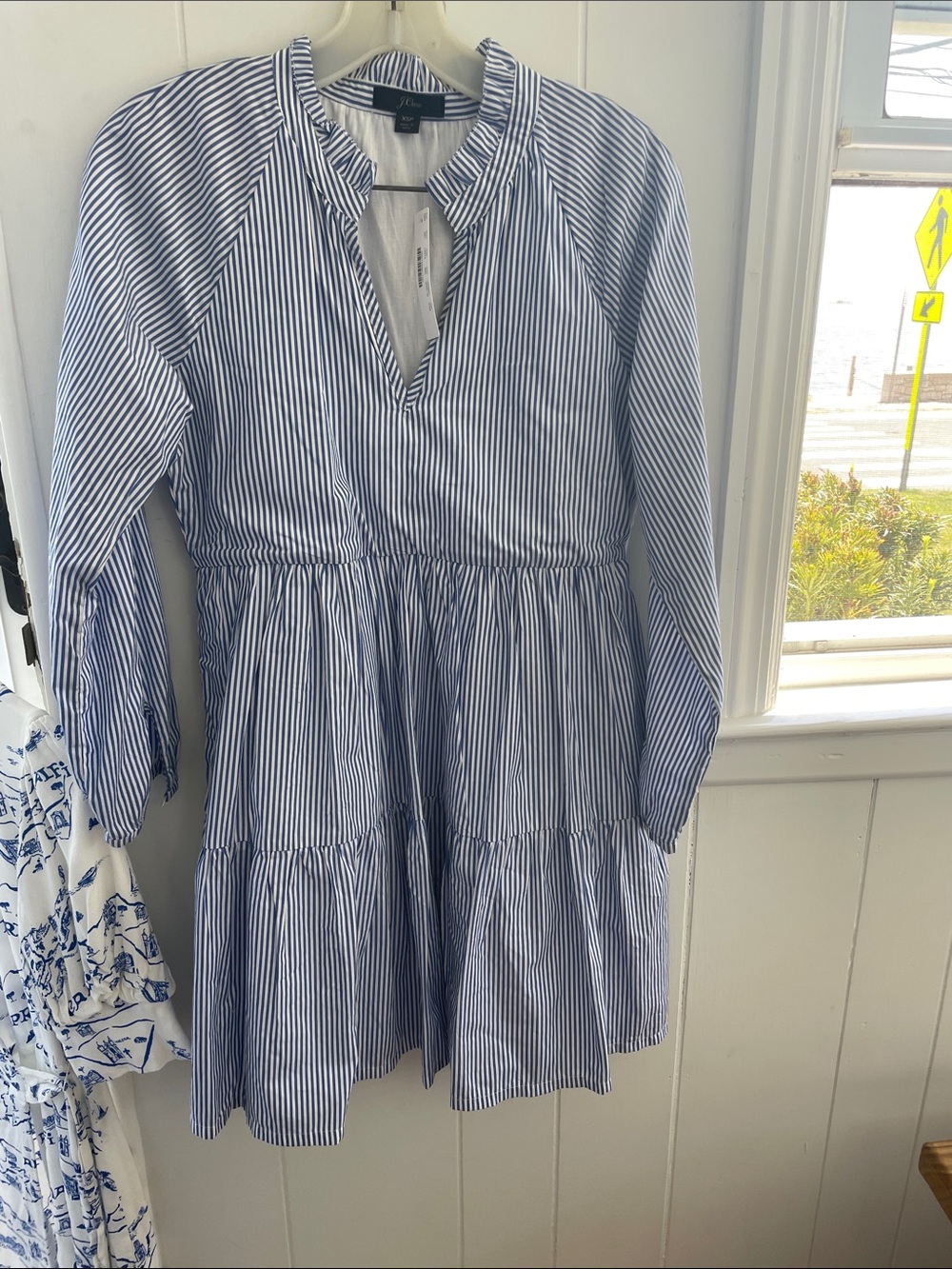 J. Crew Navy and White Vertical Stripe Tiered Dress
